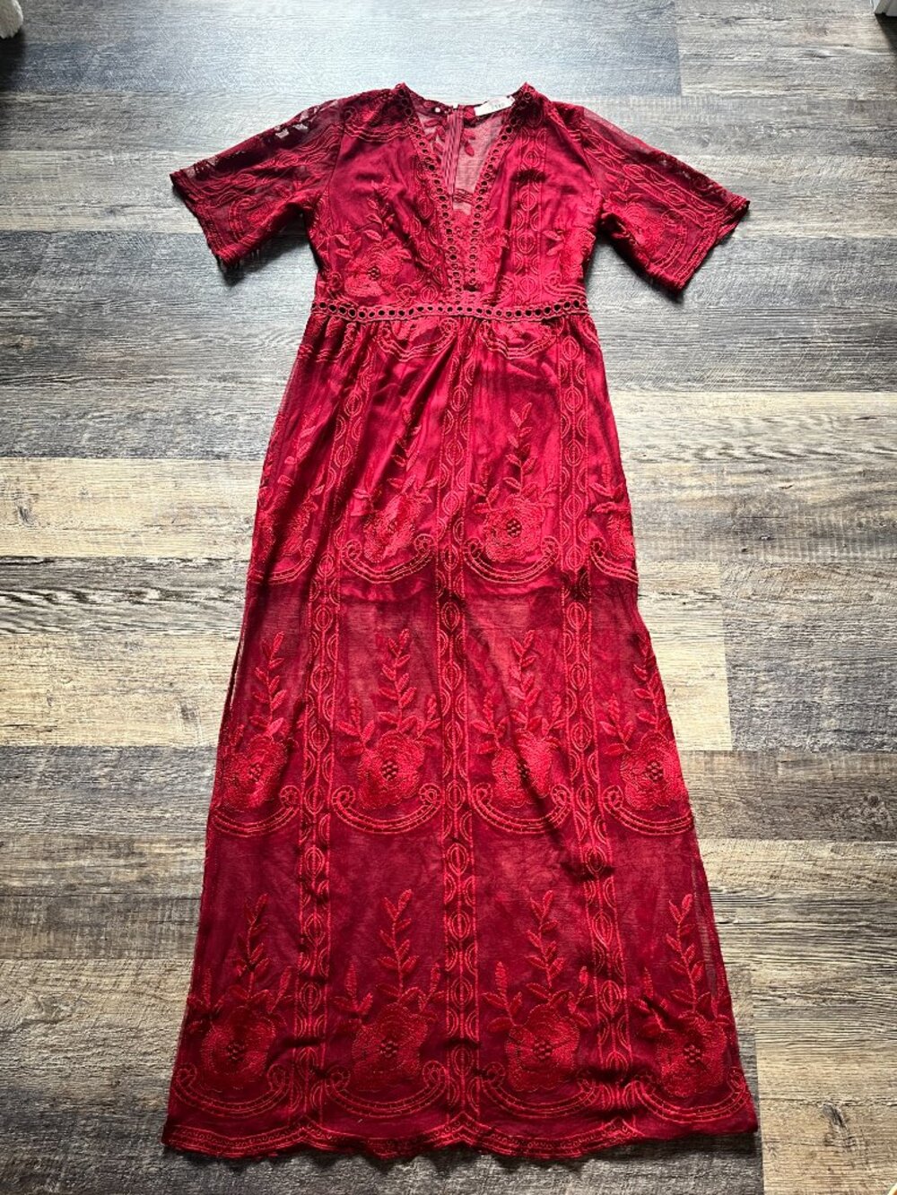 Eleter Red Embroidered Lace Overlay Maxi Dress L - Picture 2 of 9